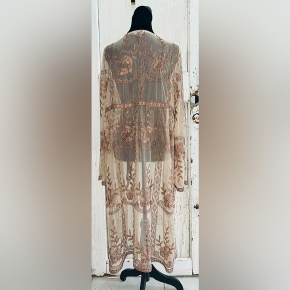 Romantic Boho Floral Embroidered Festival Mesh Ethereal Maxi‎ Kimono Duster - Picture 7 of 8